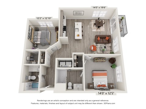 Floor plan for 2 beds, 2 baths, 1054 sqft
